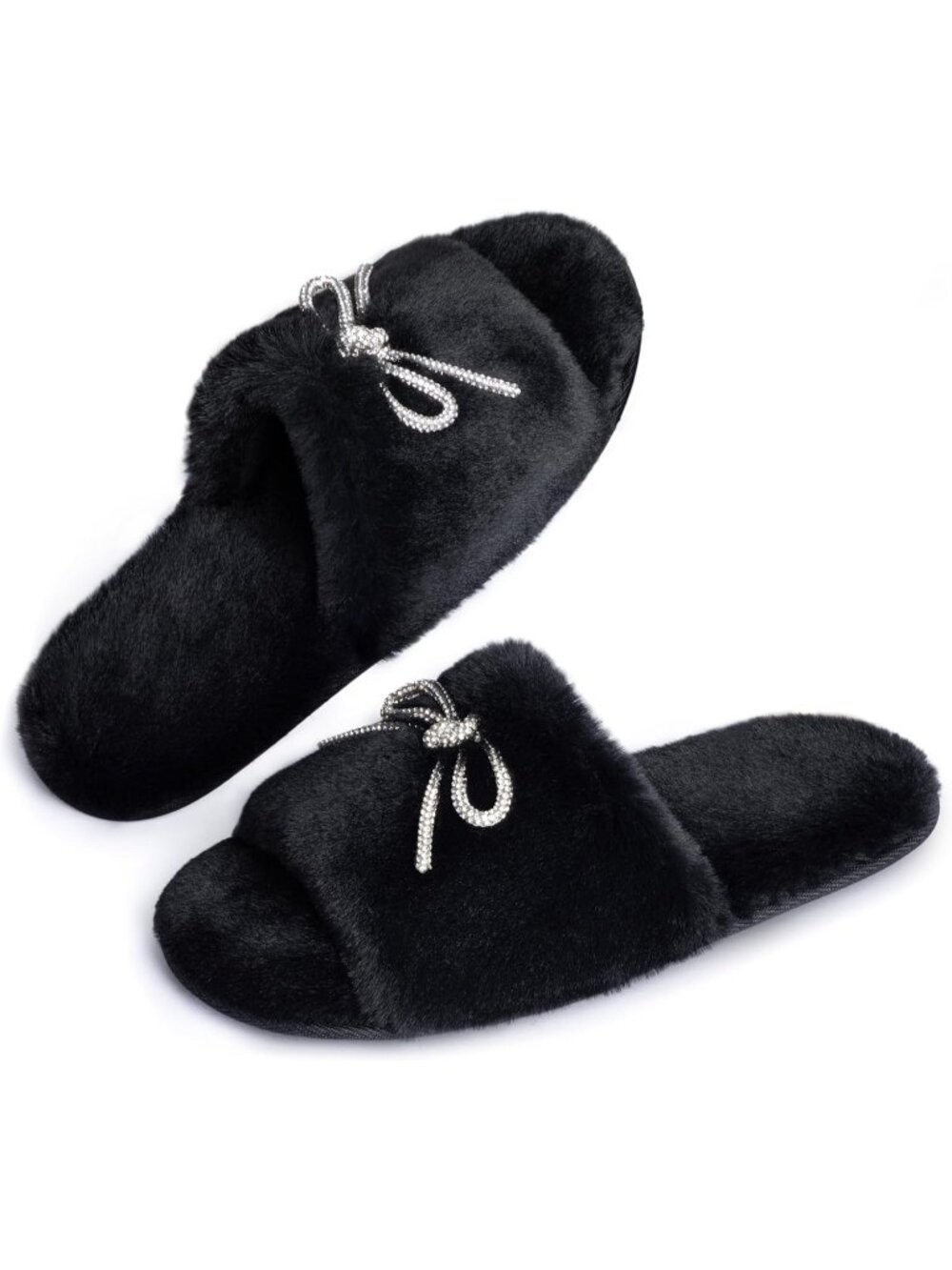Women's Black Faux Fur Fuzzy House Slippers with Rhinestone Bow knot Non Slip